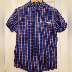 Ben Sherman Blue Plaid Shirt with Zipper and Snap Button Details (S)